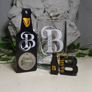 Gift Set for Men. Includes a personalised beer mug, bottle opener and letter keychain with bottle shaped charm