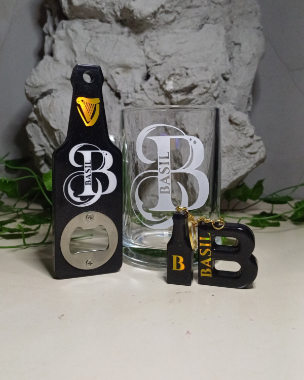 Gift Set for Men. Includes a personalised beer mug, bottle opener and letter keychain with bottle shaped charm